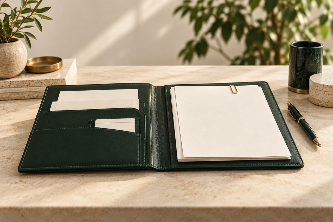 Pasta de couro verde aberta com folhas em branco, clipe dourado e caneta sobre mesa de pedra clara.